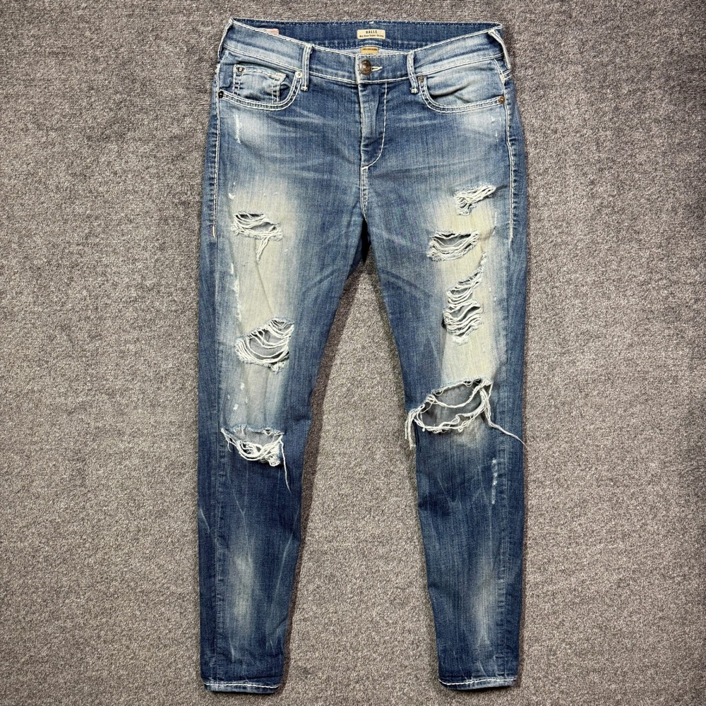 True Religion Halle Mid Rise Super Skinny Jeans Size 29‎ Blue Distressed Ripped